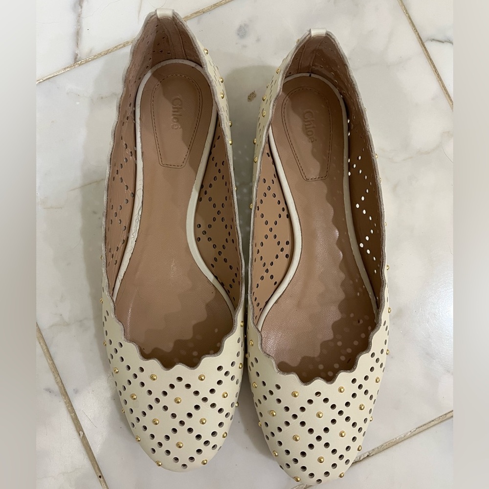 Chloe Lauren perforated/studded leather ballet flats, Size 37M.
